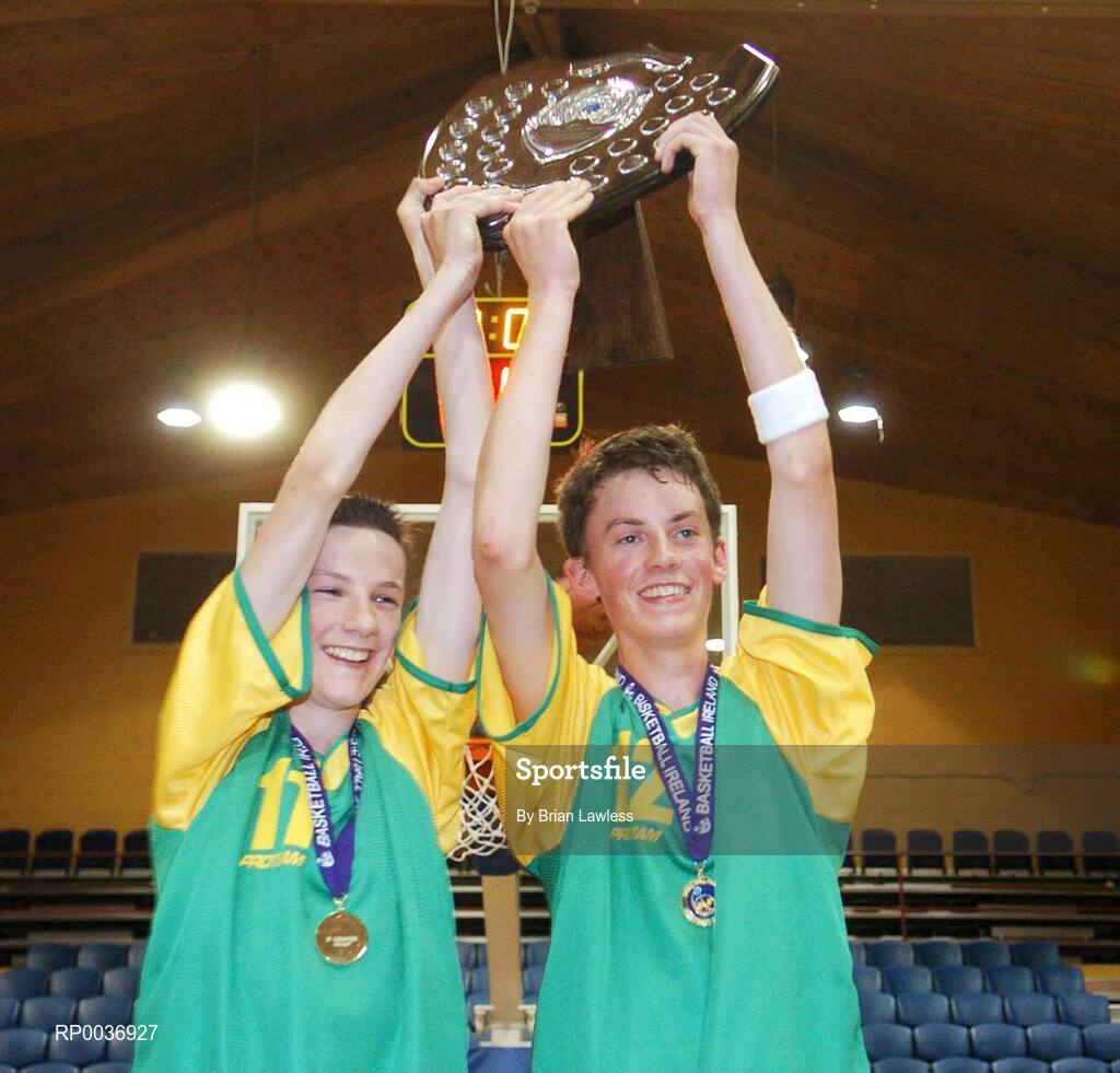 9 May 2007; St. Patrick's Castleisland captains Philip O'Connor, left, and Declan Breen, lift the trophy. Schools Basketball Second Year Finals, B Boys Final, St. Mary's, Galway v St. Patrick's Castleisland, Kerry, National Basketball Arena, Tallaght, Dublin. Picture credit: Brian Lawless / SPORTSFILE
