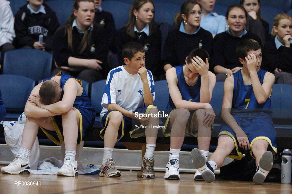 9 May 2007; Cobh Community College players, from left, Dean Cunningham, Kieran Lowry, Trevor Forrest, and Daryll Griffin, toward the end of the match. Schools Basketball Second Year Finals, C Boys Final, Dunmore Community College, Galway v Cobh Community College, Cork, National Basketball Arena, Tallaght, Dublin. Picture credit: Brian Lawless / SPORTSFILE