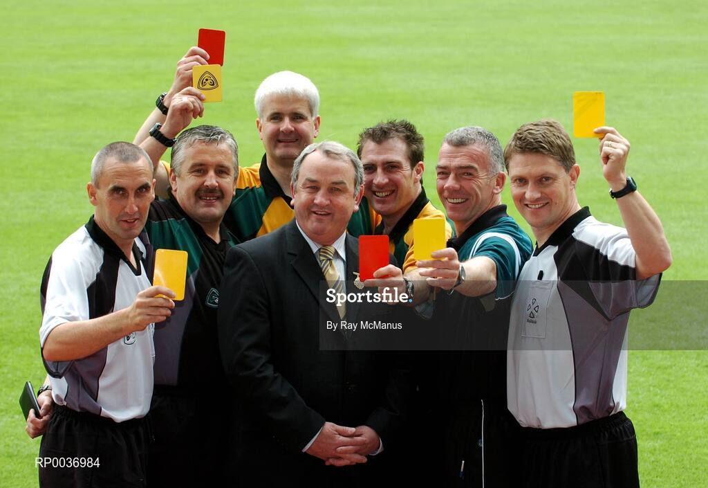 11 May 2007; GAA President Nickey Brennan with referees, left to right, Declan Magee, Down, Brian Crowe, Cavan, John Bannon, Longford, Seamus Roche Tipperary, Pat Mc Eneaney, Monaghan and Barry Kelly, Westmeath at the launch of new GAA Referee gear. Croke Park, Dublin. Picture credit: Ray McManus / SPORTSFILE