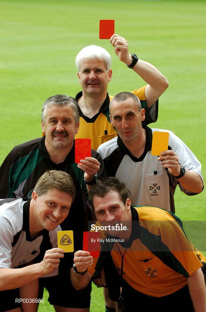 11 May 2007; Referees Barry Kelly, Westmeath, Brian Crowe, Cavan, John Bannon, Longford, Declan Magee, Down, and Seamus Roche, Tipperary, at the launch of new GAA Referee gear. Croke Park, Dublin. Picture credit: Ray McManus / SPORTSFILE