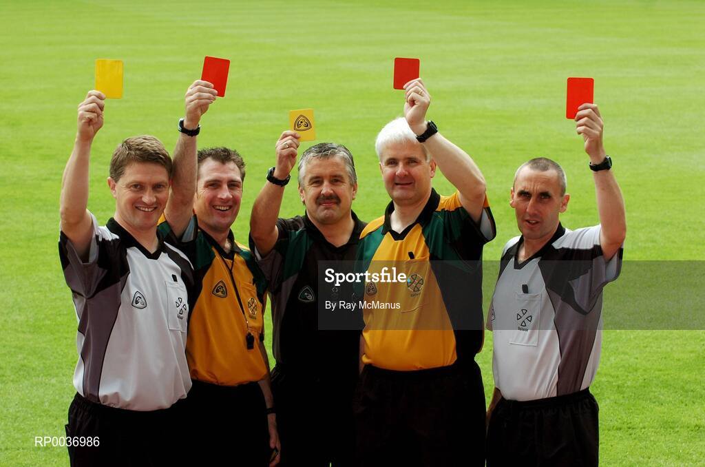 11 May 2007; Referees Barry Kelly, Westmeath, Seamus Roche, Tipperary, Brian Crowe, Cavan, John Bannon, Longford, and Declan Magee, Down, at the launch of new GAA Referee gear. Croke Park, Dublin. Picture credit: Ray McManus / SPORTSFILE