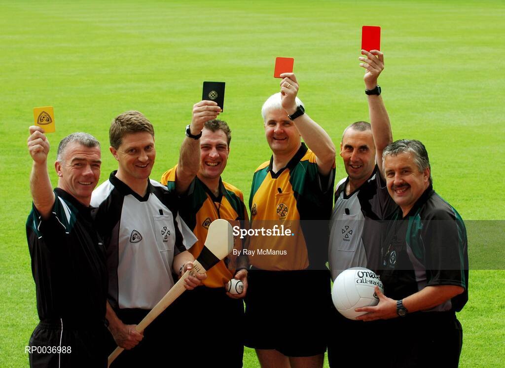 11 May 2007; Referees Pat Mc Eneaney, Monaghan, Barry Kelly, Westmeath, Seamus Roche, Tipperary, John Bannon, Longford, Declan Magee, Down and Brian Crowe, Cavan, at the launch of new GAA Referee gear. Croke Park, Dublin. Picture credit: Ray McManus / SPORTSFILE