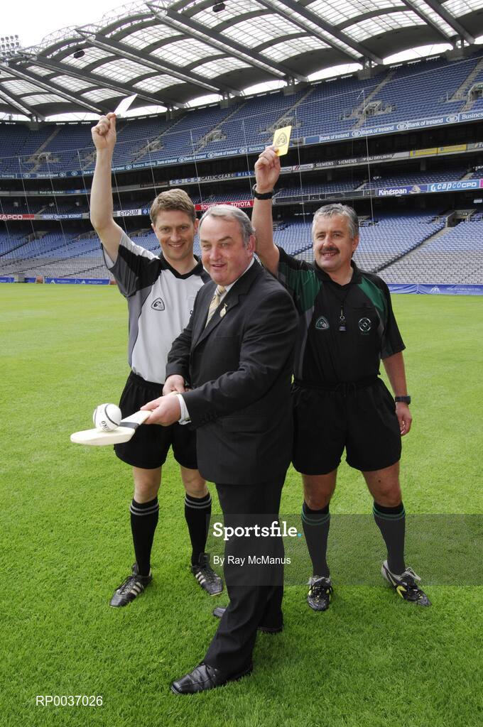11 May 2007; GAA President Nickey Brennan with referees Barry Kelly, Westmeath, and  Brian Crowe, Cavan, at the launch of new GAA Referee gear. Croke Park, Dublin. Picture credit: Ray McManus / SPORTSFILE