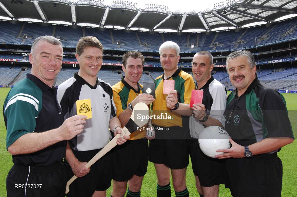 11 May 2007; Referees Pat Mc Eneaney, Monaghan, Barry Kelly, Westmeath, Seamus Roche, Tipperary, John Bannon, Longford, Declan Magee, Down, and Brian Crowe, Cavan, at the launch of new GAA Referee gear. Croke Park, Dublin. Picture credit: Ray McManus / SPORTSFILE