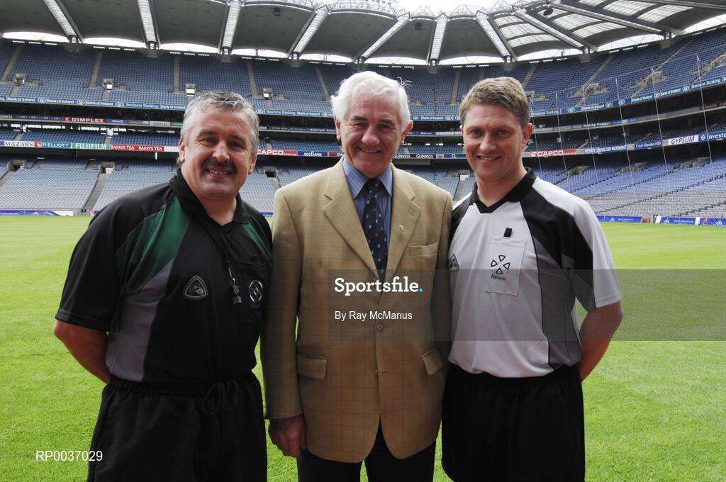 11 May 2007; At the launch of the new GAA Referee gear are, left to right; PJ McGrath, Chairman, National Referee’s Committee, Brian Crowe, Cavan, and Barry Kelly, Westmeath. Croke Park, Dublin. Picture credit: Ray McManus / SPORTSFILE
