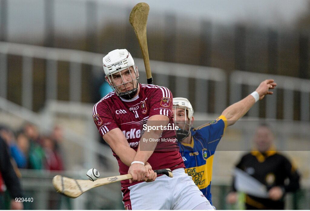 2 November 2014; Conor Carson, Cushendall Ruairi Óg, in action against Andy Savage, Portaferry. AIB Ulster GAA Hurling Senior Club Championship Final, Portaferry v Cushendall  Ruairi Óg, Owenbeg Centre of Excellence, Dungiven, Derry. Picture credit: Oliver McVeigh / SPORTSFILE