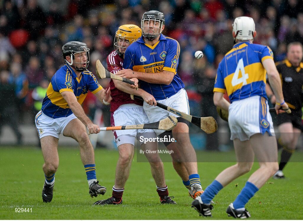 2 November 2014; Aidan McNaughton, Cushendall Ruairi Óg, in action against Ciaran Coulter and John Convery, Portaferry.. AIB Ulster GAA Hurling Senior Club Championship Final, Portaferry v Cushendall  Ruairi Óg, Owenbeg Centre of Excellence, Dungiven, Derry. Picture credit: Oliver McVeigh / SPORTSFILE