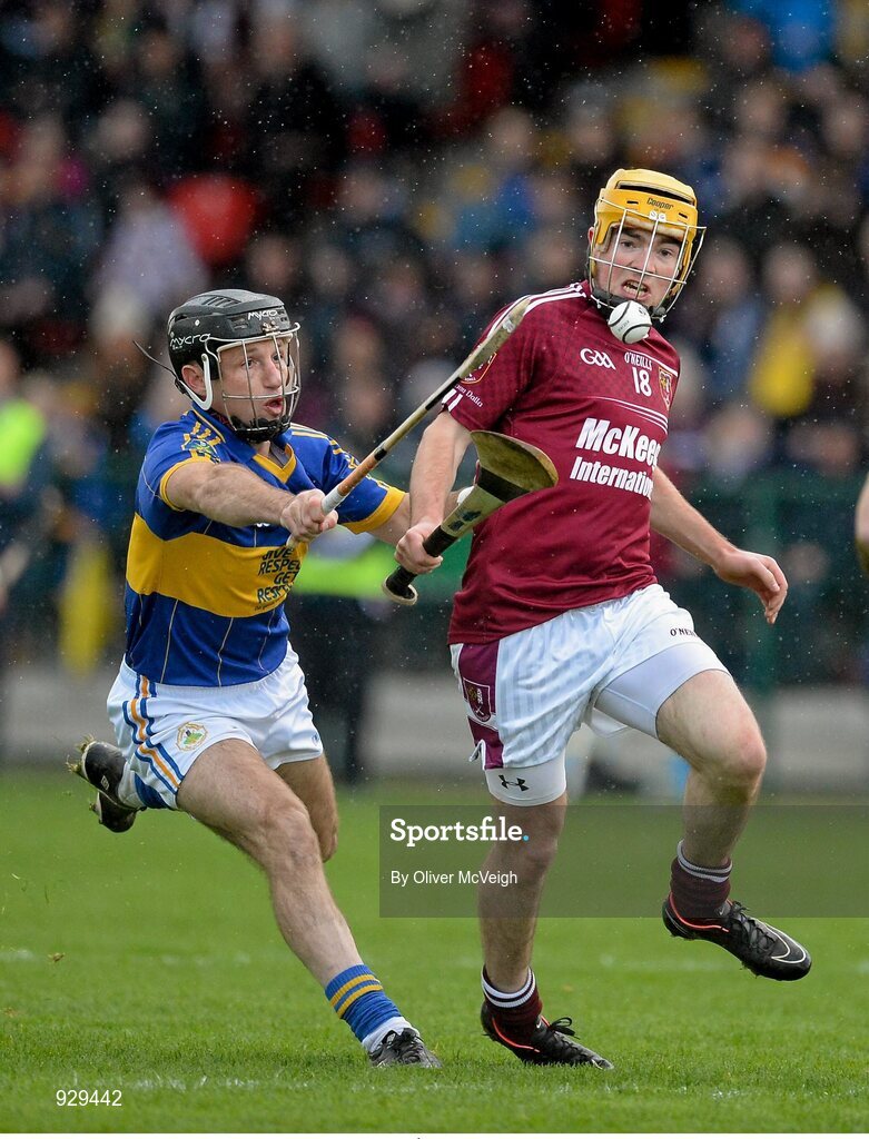 2 November 2014; Aidan McNaughton, Cushendall Ruairi Óg, in action against Ciaran Coulter, Portaferry. AIB Ulster GAA Hurling Senior Club Championship Final, Portaferry v Cushendall  Ruairi Óg, Owenbeg Centre of Excellence, Dungiven, Derry. Picture credit: Oliver McVeigh / SPORTSFILE