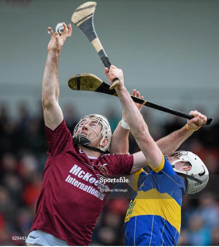 2 November 2014; Donal McNaughton, Cushendall Ruairi Óg, in action against Conor O'Neill, Portaferry. AIB Ulster GAA Hurling Senior Club Championship Final, Portaferry v Cushendall  Ruairi Óg, Owenbeg Centre of Excellence, Dungiven, Derry. Picture credit: Oliver McVeigh / SPORTSFILE