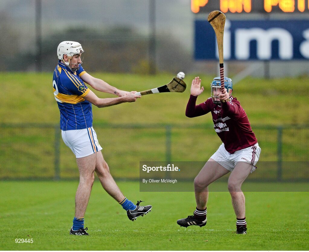 2 November 2014; Aidan O'Prey, Portaferry, in action against Paddy McNaughton, Cushendall Ruairi Óg. AIB Ulster GAA Hurling Senior Club Championship Final, Portaferry v Cushendall  Ruairi Óg, Owenbeg Centre of Excellence, Dungiven, Derry. Picture credit: Oliver McVeigh / SPORTSFILE