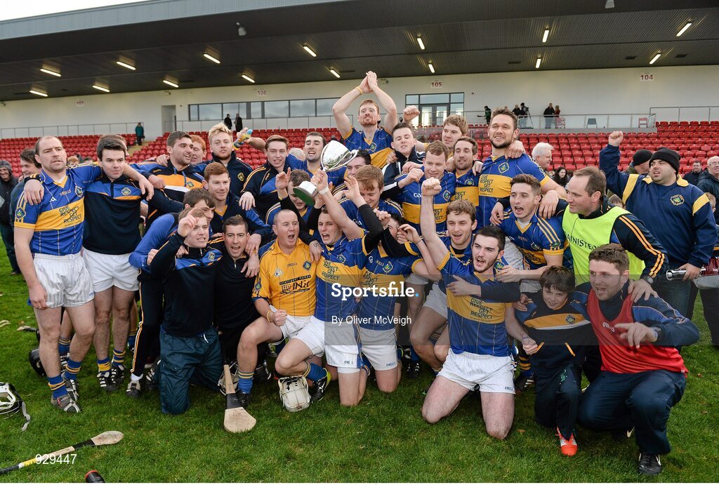 2 November 2014; The Portaferry players celebrate with the cup after the game. AIB Ulster GAA Hurling Senior Club Championship Final, Portaferry v Cushendall  Ruairi Óg, Owenbeg Centre of Excellence, Dungiven, Derry. Picture credit: Oliver McVeigh / SPORTSFILE