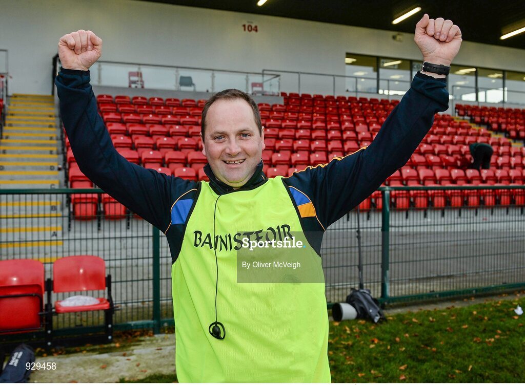 2 November 2014; Portaferry manager Sean Young celebrates after the game. AIB Ulster GAA Hurling Senior Club Championship Final, Portaferry v Cushendall  Ruairi Óg, Owenbeg Centre of Excellence, Dungiven, Derry. Picture credit: Oliver McVeigh / SPORTSFILE