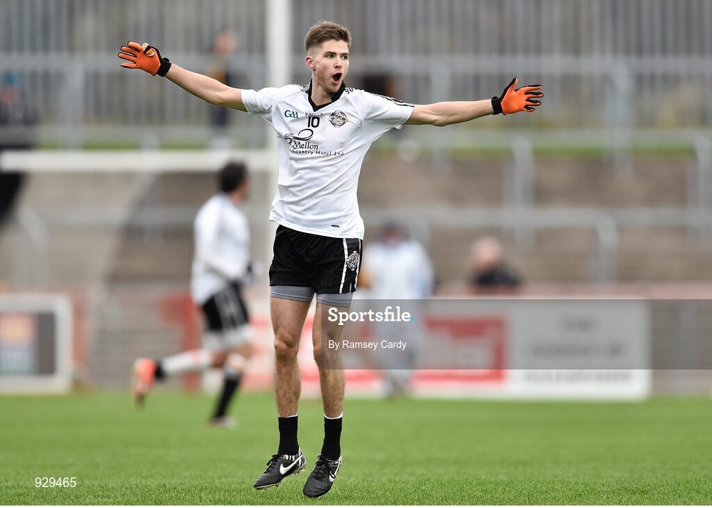 2 November 2014; Aaron Grugan, Omagh St Enda’s, celebrates at the final whistle. AIB Ulster GAA Football Senior Club Championship, Quarter-Final, Omagh St Enda’s v Crossmaglen Rangers, Healy Park, Omagh, Co. Tyrone. Picture credit: Ramsey Cardy / SPORTSFILE