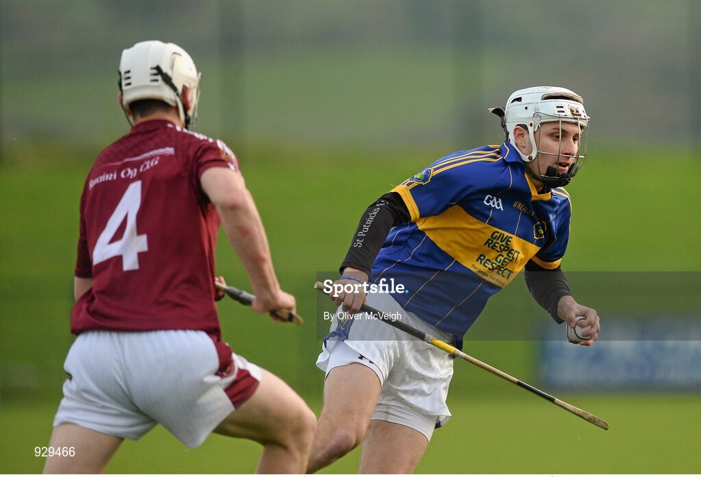 2 November 2014; Eoghan Sands, Portaferry, in action against Aaron Graffin, Cushendall Ruairi Óg. AIB Ulster GAA Hurling Senior Club Championship Final, Portaferry v Cushendall  Ruairi Óg, Owenbeg Centre of Excellence, Dungiven, Derry. Picture credit: Oliver McVeigh / SPORTSFILE