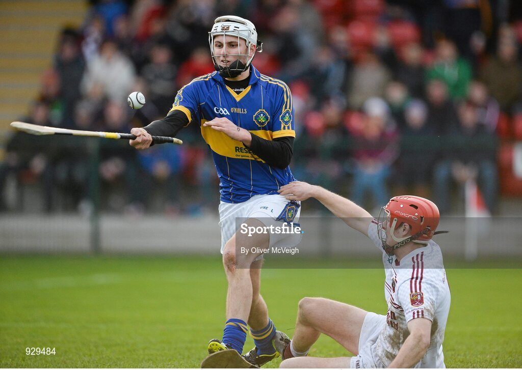 2 November 2014; Eoghan Sands, Portaferry, shoots to score a goal for his side against Eoin Gillan, Cushendall Ruairi Óg. AIB Ulster GAA Hurling Senior Club Championship Final, Portaferry v Cushendall  Ruairi Óg, Owenbeg Centre of Excellence, Dungiven, Derry. Picture credit: Oliver McVeigh / SPORTSFILE