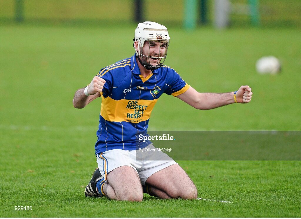 2 November 2014; Matthew Conlon, Portaferry celebrates at the final whistle. AIB Ulster GAA Hurling Senior Club Championship Final, Portaferry v Cushendall  Ruairi Óg, Owenbeg Centre of Excellence, Dungiven, Derry. Picture credit: Oliver McVeigh / SPORTSFILE