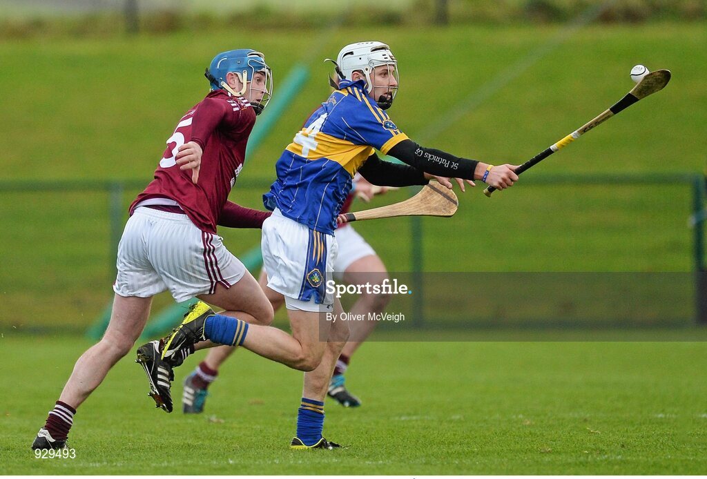 2 November 2014; Eoghan Sands, Portaferry, in action against Paddy McNaughton, Cushendall Ruairi Óg. AIB Ulster GAA Hurling Senior Club Championship Final, Portaferry v Cushendall  Ruairi Óg, Owenbeg Centre of Excellence, Dungiven, Derry. Picture credit: Oliver McVeigh / SPORTSFILE