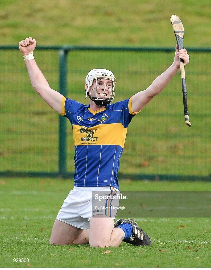 2 November 2014; Conor O'Neill, Portaferry celebrates at the final whistle. AIB Ulster GAA Hurling Senior Club Championship Final, Portaferry v Cushendall  Ruairi Óg, Owenbeg Centre of Excellence, Dungiven, Derry. Picture credit: Oliver McVeigh / SPORTSFILE