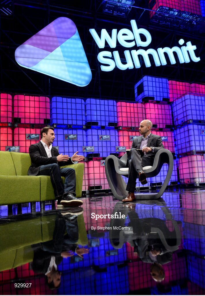 4 November 2014; Brendan Iribe, left, CEO, Oculus VR, speaking with Peter Rubin, Senior Editor, Wired Magazine, on the centre stage during Day 1 of the 2014 Web Summit in the RDS, Dublin, Ireland. Picture credit: Stephen McCarthy / SPORTSFILE / Web Summit