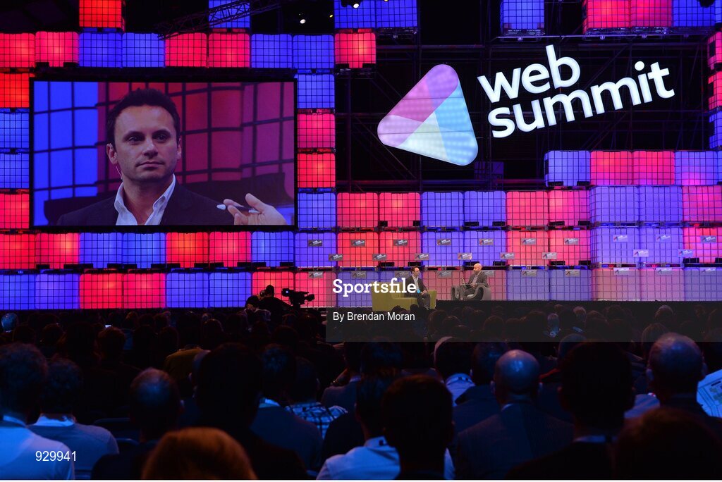 4 November 2014; Brendan Iribe, Oculus VR, left, in conversation With Peter Rubin, Wired magazine, on the centre stage during Day 1 of the 2014 Web Summit in the RDS, Dublin, Ireland. Picture credit: Brendan Moran / SPORTSFILE / Web Summit