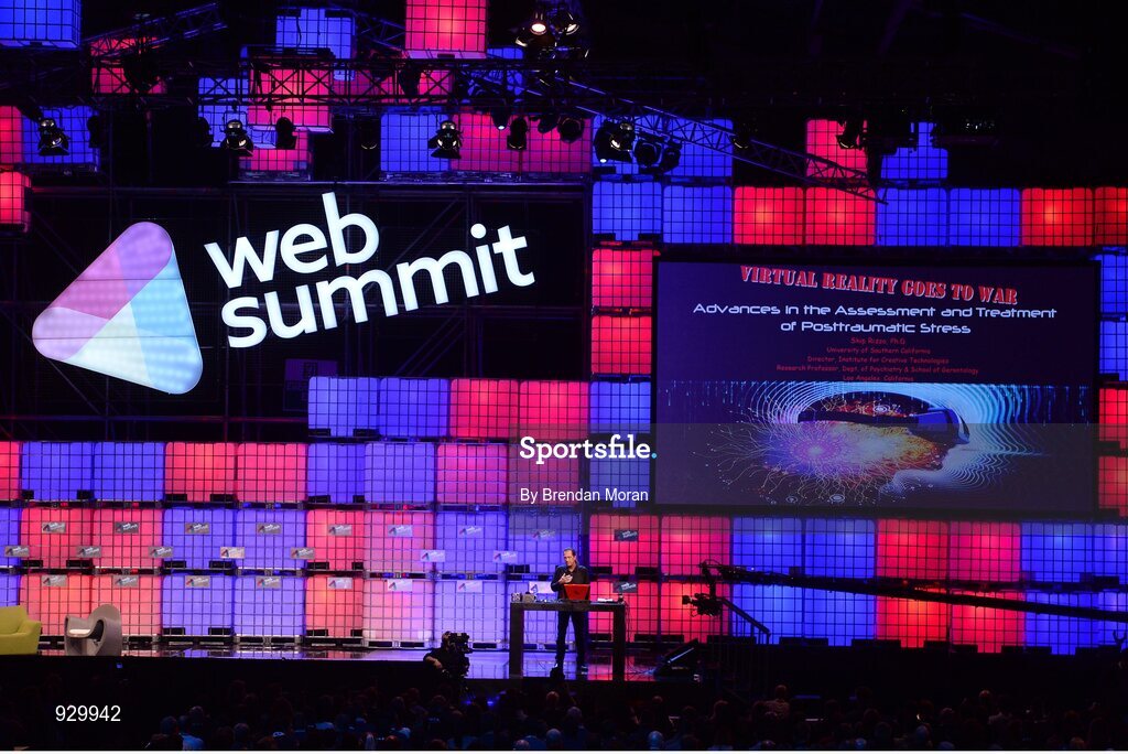 4 November 2014; Skip Rizzo, Director, Medical Virtual Reality, addresses the audience on the centre stage during Day 1 of the 2014 Web Summit in the RDS, Dublin, Ireland. Picture credit: Brendan Moran / SPORTSFILE / Web Summit