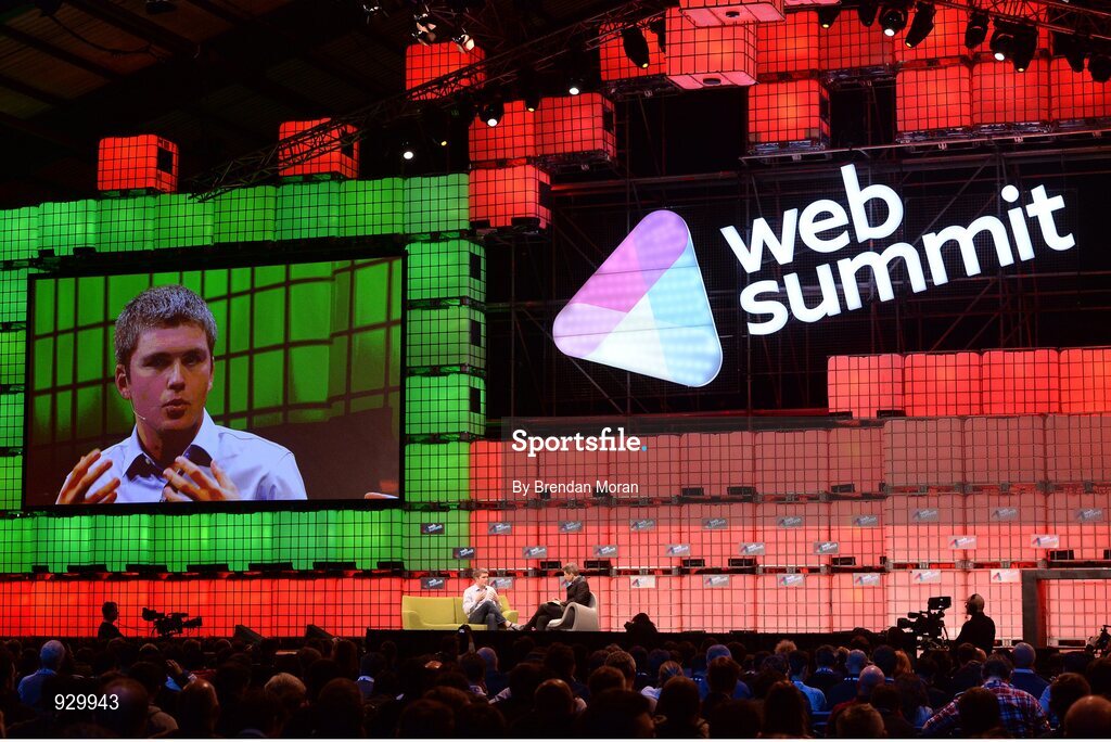 4 November 2014; John Collison, Stripe, left in Conversation with David Rowan, Wired magazine, on the centre stage during Day 1 of the 2014 Web Summit in the RDS, Dublin, Ireland. Picture credit: Brendan Moran / SPORTSFILE / Web Summit