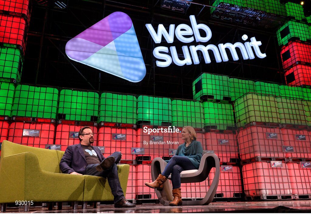 4 November 2014; Phil Libin, left, CEO, Evernote, is interviewed by Jessi Hempel, Senior Writer, WIRED, on the centre stage during Day 1 of the 2014 Web Summit in the RDS, Dublin, Ireland. Picture credit: Brendan Moran / SPORTSFILE / Web Summit