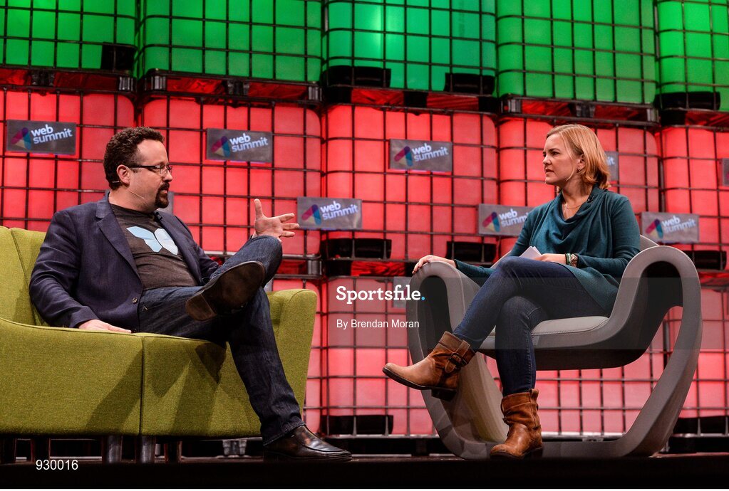 4 November 2014; Phil Libin, left, CEO, Evernote, is interviewed by Jessi Hempel, Senior Writer, WIRED, on the centre stage during Day 1 of the 2014 Web Summit in the RDS, Dublin, Ireland. Picture credit: Brendan Moran / SPORTSFILE / Web Summit