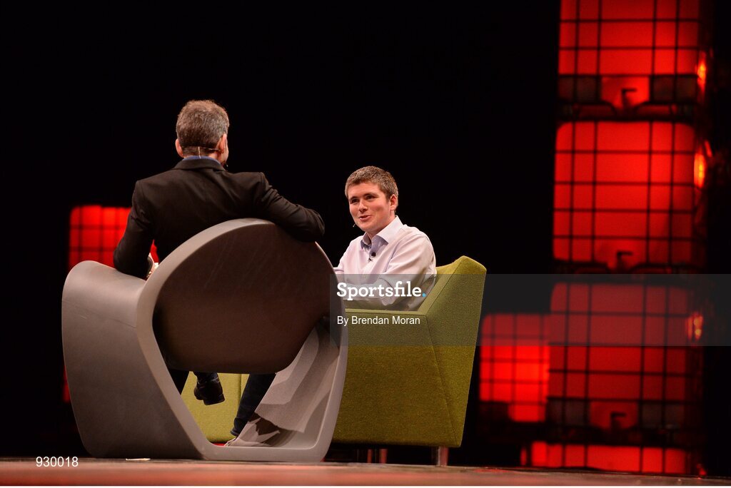 4 November 2014; John Collison, Stripe, in Conversation with David Rowan, Wired, on the centre stage during Day 1 of the 2014 Web Summit in the RDS, Dublin, Ireland. Picture credit: Brendan Moran / SPORTSFILE / Web Summit