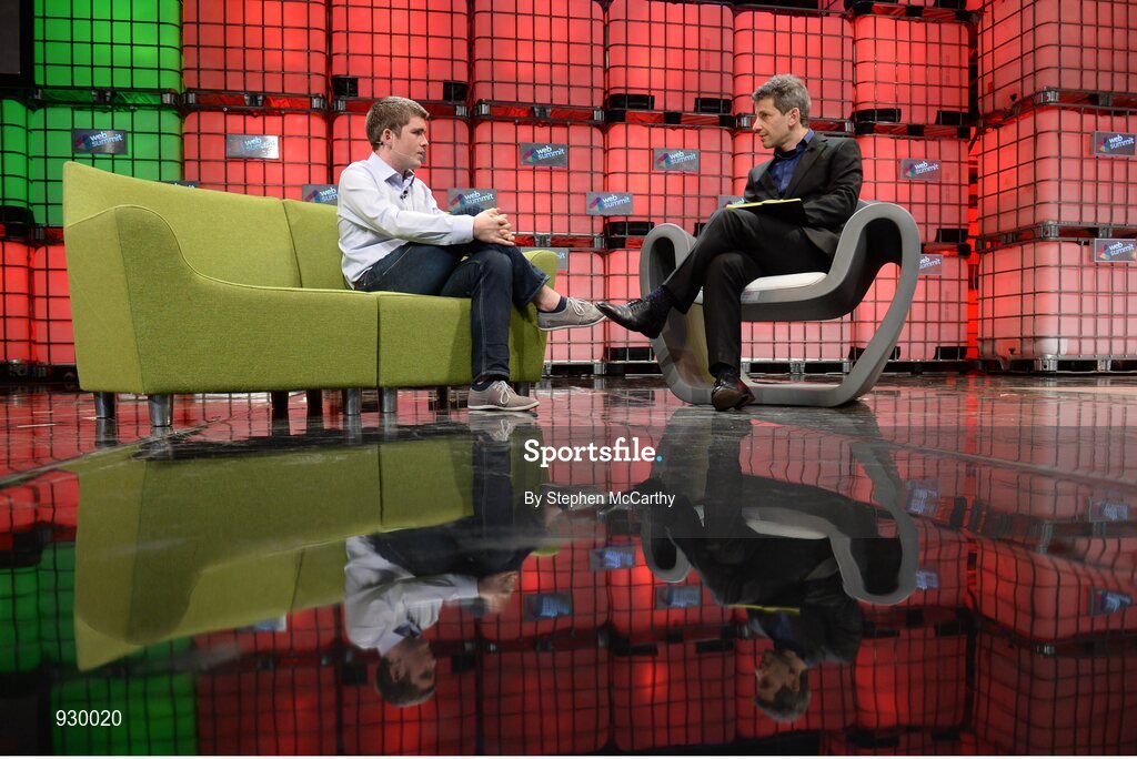 4 November 2014; John Collison, Stripe, in Conversation with David Rowan, Wired, on the centre stage during Day 1 of the 2014 Web Summit in the RDS, Dublin, Ireland. Picture credit: Stephen McCarthy / SPORTSFILE / Web Summit
