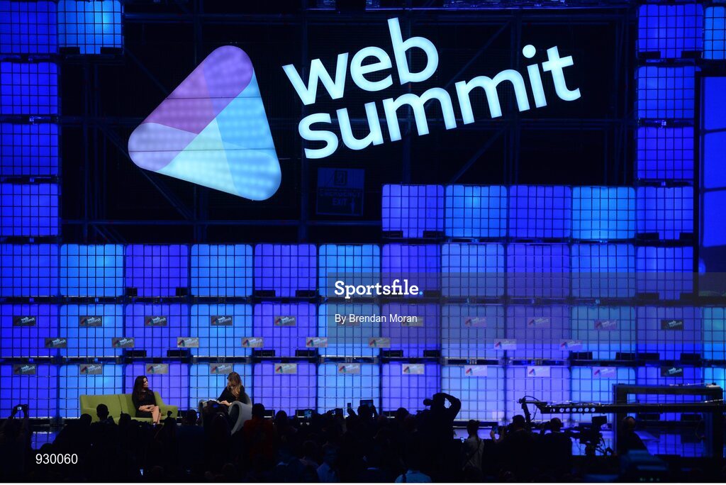 4 November 2014; Eva Longoria, Actor, Producer, and Philanthropist, is interviewed by Jemima Khan, European editor-at-large, Vanity Fair, on the centre stage during Day 1 of the 2014 Web Summit in the RDS, Dublin, Ireland. Picture credit: Brendan Moran / SPORTSFILE / Web Summit