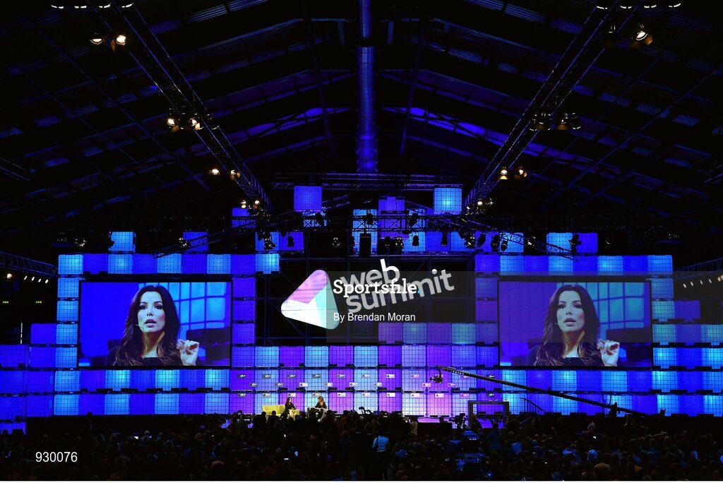 4 November 2014; Actress, Businesswoman and Philantropist Eva Longoria in conversation with Jemima Khan, Vanity Fair, on the centre stage during Day 1 of the 2014 Web Summit in the RDS, Dublin, Ireland. Picture credit: Brendan Moran / SPORTSFILE / Web Summit