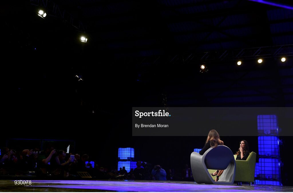4 November 2014; Actress, Businesswoman and Philantropist Eva Longoria in conversation with Jemima Khan, Vanity Fair, on the centre stage during Day 1 of the 2014 Web Summit in the RDS, Dublin, Ireland. Picture credit: Brendan Moran / SPORTSFILE / Web Summit