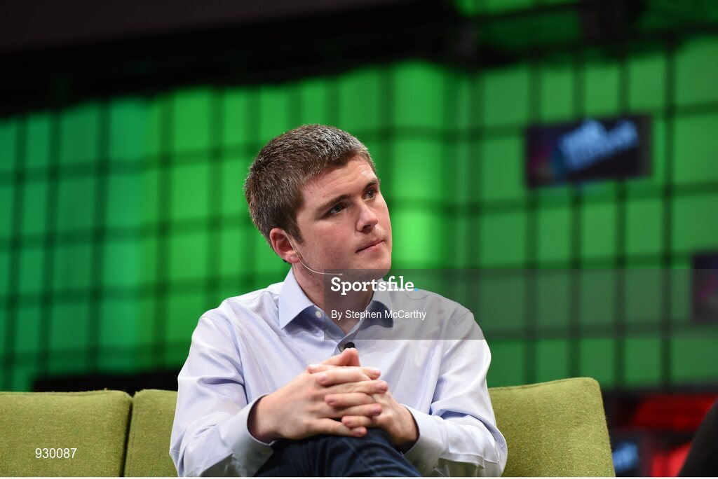 4 November 2014; John Collison, Stripe, in Conversation with David Rowan, Wired, on the centre stage during Day 1 of the 2014 Web Summit in the RDS, Dublin, Ireland. Picture credit: Stephen McCarthy / SPORTSFILE / Web Summit