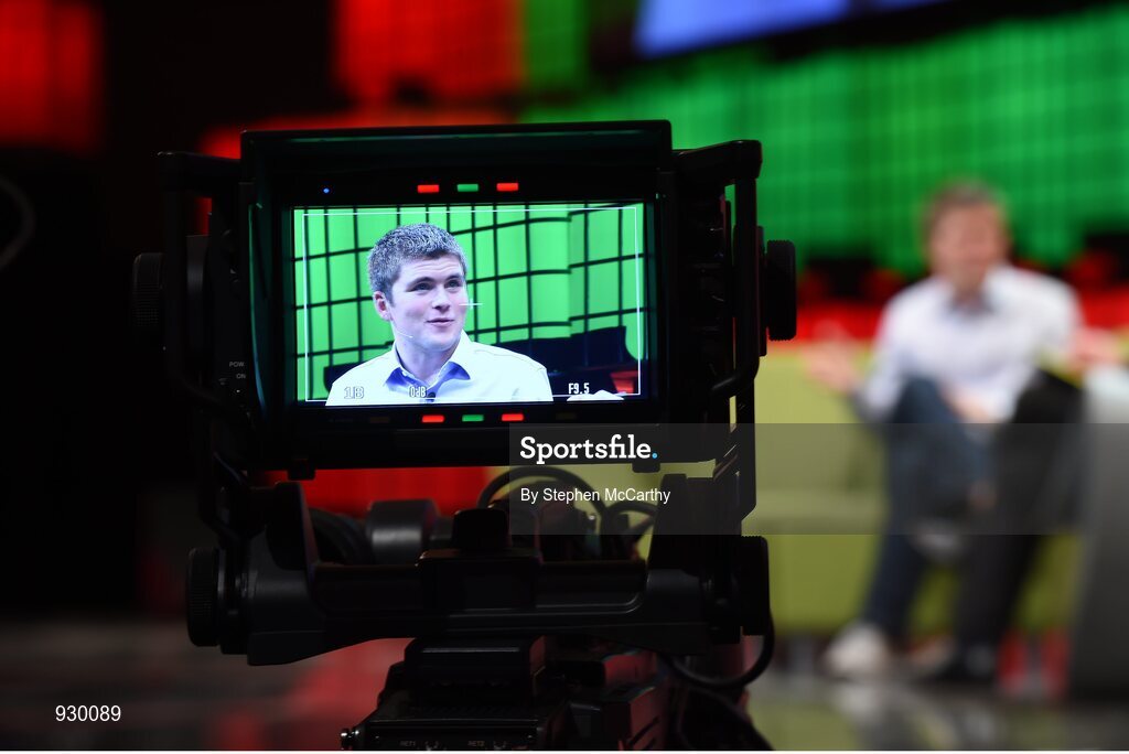 4 November 2014; John Collison, Stripe, in Conversation with David Rowan, Wired, on the centre stage during Day 1 of the 2014 Web Summit in the RDS, Dublin, Ireland. Picture credit: Stephen McCarthy / SPORTSFILE / Web Summit