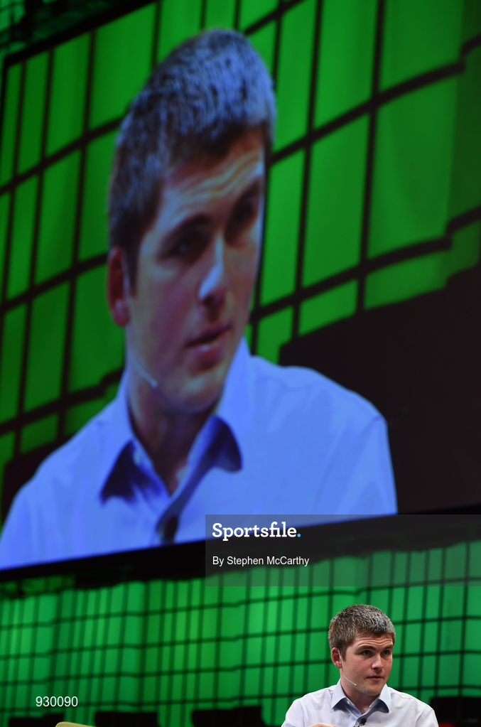 4 November 2014; John Collison, Stripe, in Conversation with David Rowan, Wired, on the centre stage during Day 1 of the 2014 Web Summit in the RDS, Dublin, Ireland. Picture credit: Stephen McCarthy / SPORTSFILE / Web Summit