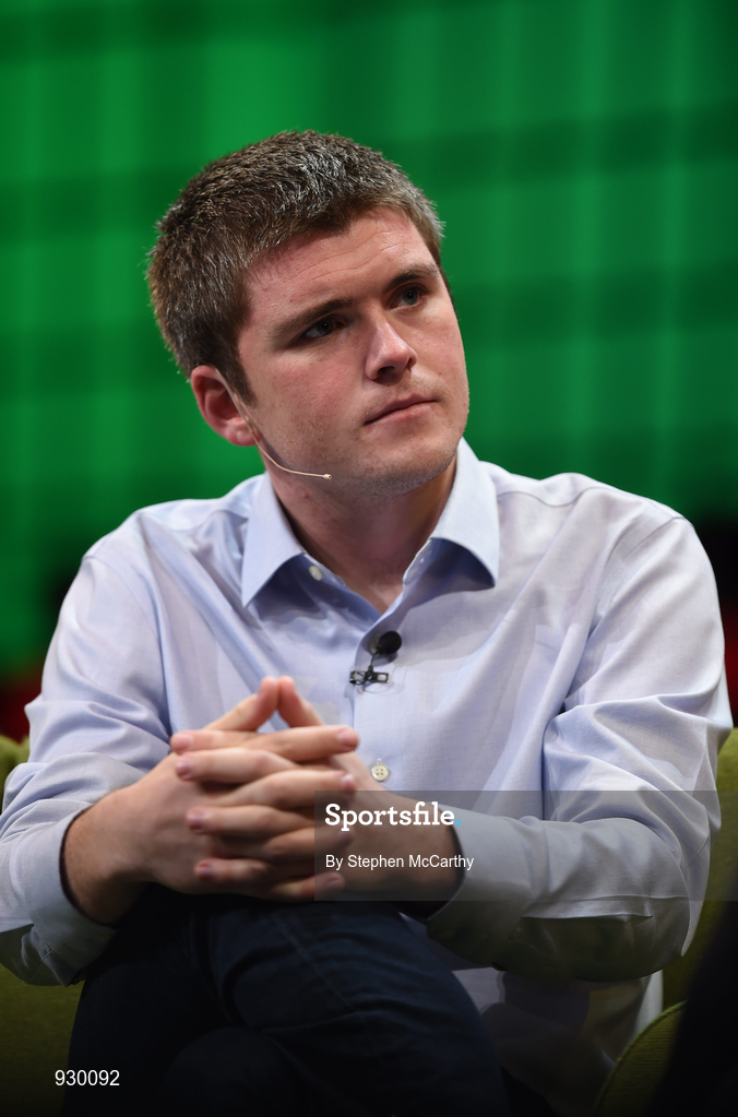 4 November 2014; John Collison, Stripe, in Conversation with David Rowan, Wired, on the centre stage during Day 1 of the 2014 Web Summit in the RDS, Dublin, Ireland. Picture credit: Stephen McCarthy / SPORTSFILE / Web Summit