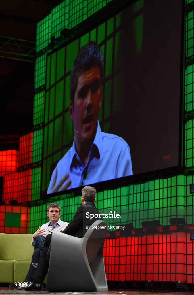 4 November 2014; John Collison, Stripe, in Conversation with David Rowan, Wired, on the centre stage during Day 1 of the 2014 Web Summit in the RDS, Dublin, Ireland. Picture credit: Stephen McCarthy / SPORTSFILE / Web Summit