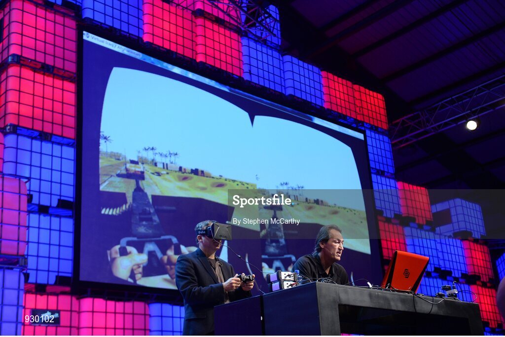 4 November 2014; Skip Rizzo, Director, Medical Virtual Reality, right, and Gary Marcus, Scientist and Author of Future of The Brain, take part in a Virtual Reality in the Real World demo on the centre stage during Day 1 of the 2014 Web Summit in the RDS, Dublin, Ireland. Picture credit: Stephen McCarthy / SPORTSFILE / Web Summit