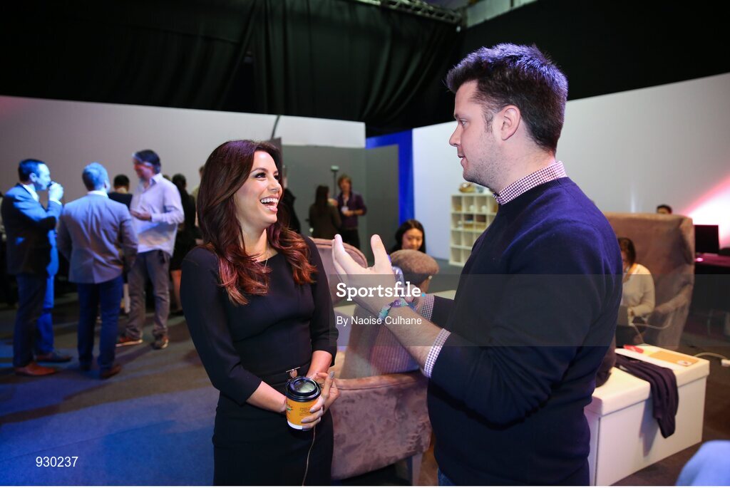 4 November 2014; Eva Longoria, Actor, Producer, and Philanthropist, Founder of The Eva Longoria Foundation, chats with Web Summit co-founder Dara Hickey backstage during Day 1 of the 2014 Web Summit in the RDS, Dublin, Ireland. Picture credit: Naoise Culhane / SPORTSFILE / Web Summit