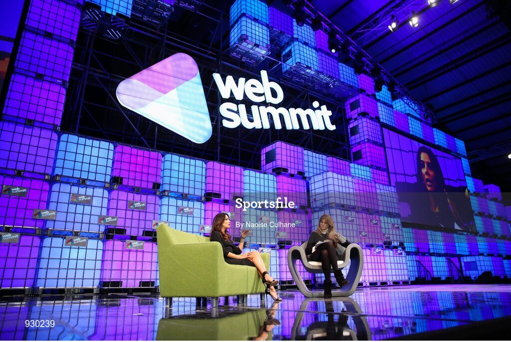 4 November 2014; Actress, Businesswoman and Philantropist Eva Longoria in conversation with Jemima Khan, Vanity Fair, on the centre stage during Day 1 of the 2014 Web Summit in the RDS, Dublin, Ireland. Picture credit: Naoise Culhane / SPORTSFILE / Web Summit