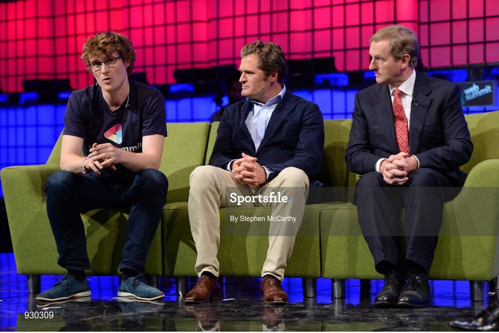 4 November 2014; Paddy Cosgrave, left, Founder and CEO, Web Summit, Adam Kostyál, Head of European Listings, NASDAQ OMX, and An Taoiseach Enda Kenny T.D., right, on the centre stage during Day 1 of the 2014 Web Summit in the RDS, Dublin, Ireland. Picture credit: Stephen McCarthy / SPORTSFILE / Web Summit