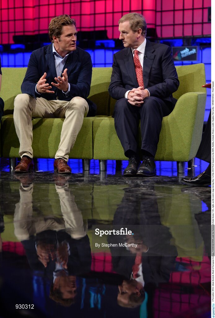 4 November 2014; Adam Kostyál, Head of European Listings, NASDAQ OMX, and An Taoiseach Enda Kenny T.D., right, on the centre stage during Day 1 of the 2014 Web Summit in the RDS, Dublin, Ireland. Picture credit: Stephen McCarthy / SPORTSFILE / Web Summit