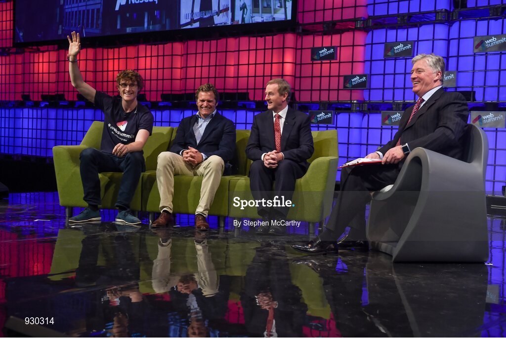 4 November 2014; Paddy Cosgrave, left, Founder and CEO, Web Summit, Adam KostyÃ¡l, Head of European Listings, NASDAQ OMX, and An Taoiseach Enda Kenny T.D., right, on the centre stage with Newstalk's Pat Kenny during Day 1 of the 2014 Web Summit in the RDS, Dublin, Ireland. Picture credit: Stephen McCarthy / SPORTSFILE / Web Summit *** Local Caption ***