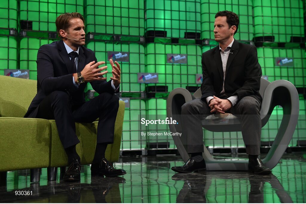 4 November 2014; Jimmy Maymann, CEO, The Huffington Post, left, discusses The Future of Online Media with Brian Bergstein, Deputy Editor, MIT Technology Review, on the centre stage during Day 1 of the 2014 Web Summit in the RDS, Dublin, Ireland. Picture credit: Stephen McCarthy / SPORTSFILE / Web Summit