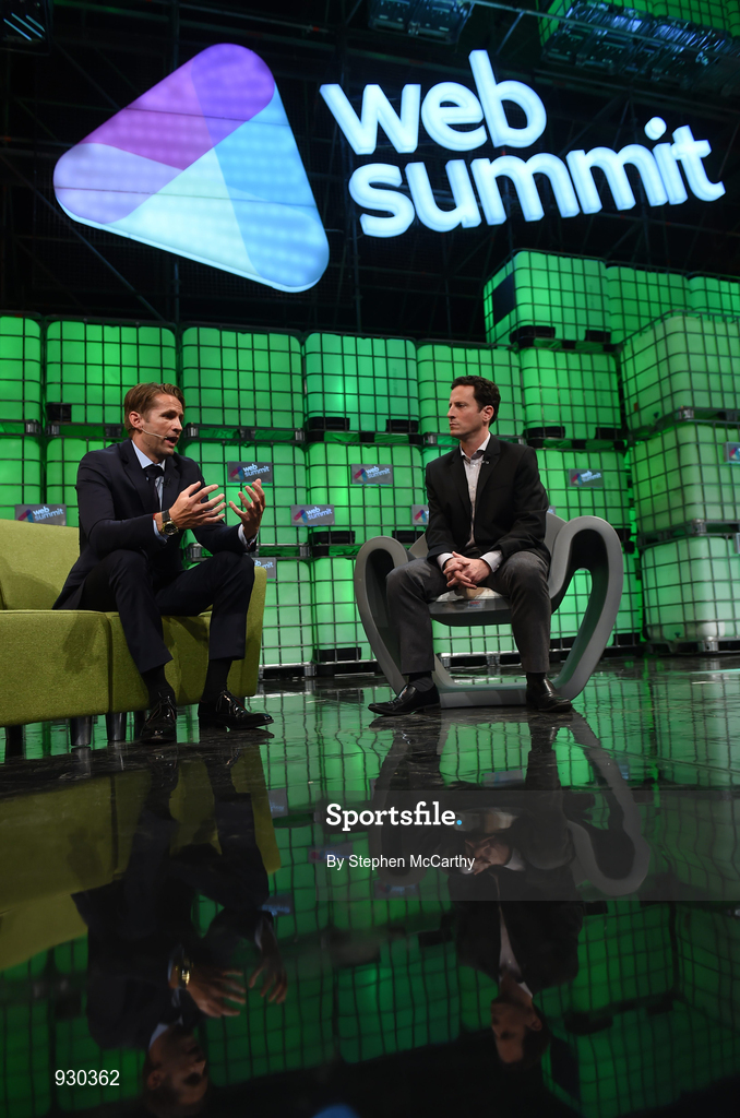 4 November 2014; Jimmy Maymann, CEO, The Huffington Post, left, discusses The Future of Online Media with Brian Bergstein, Deputy Editor, MIT Technology Review, on the centre stage during Day 1 of the 2014 Web Summit in the RDS, Dublin, Ireland. Picture credit: Stephen McCarthy / SPORTSFILE / Web Summit
