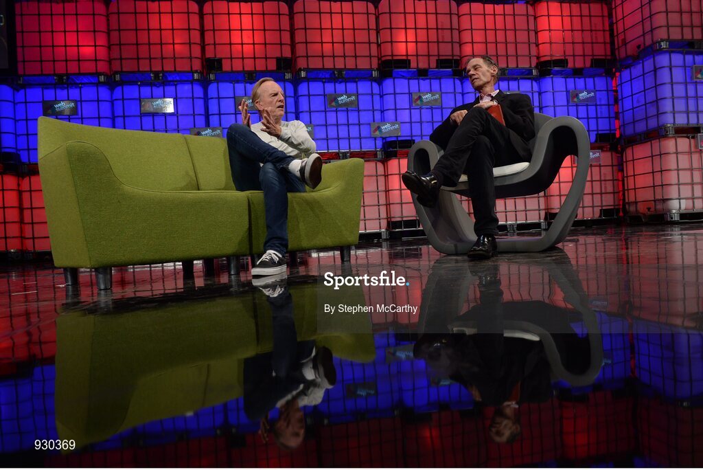 4 November 2014; David Carr, Journalist and Author, The New York Times in conversation with John Sculley, Former CEO, Apple, on the centre stage during Day 1 of the 2014 Web Summit in the RDS, Dublin, Ireland. Picture credit: Stephen McCarthy / SPORTSFILE / Web Summit
