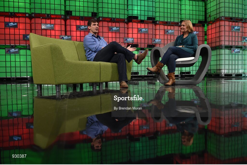 4 November 2014; Josh Tetrick, CEO & Founder, Hampton Creek, being interviewd by Jessi Hempel, Senior Writer,  Wired, on the centre stage during Day 1 of the 2014 Web Summit in the RDS, Dublin, Ireland. Picture credit: Brendan Moran / SPORTSFILE / Web Summit