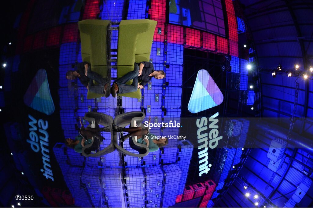 4 November 2014; Drew Houston, Founder, Dropbox, in Conversation with Laurie Segall, CNN,  on the centre stage during Day 1 of the 2014 Web Summit in the RDS, Dublin, Ireland. Picture credit: Stephen McCarthy / SPORTSFILE / Web Summit