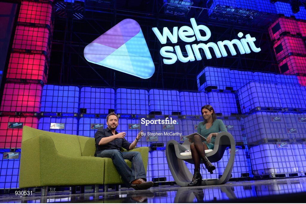 4 November 2014; Drew Houston, Founder, Dropbox, in Conversation with Laurie Segall, CNN,  on the centre stage during Day 1 of the 2014 Web Summit in the RDS, Dublin, Ireland. Picture credit: Stephen McCarthy / SPORTSFILE / Web Summit